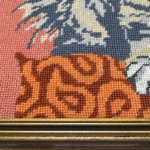 Gray Tabby Cat Framed Needlepoint Peach Background Framed 10x12 Cat Lady Gift - Picture 8 of 11